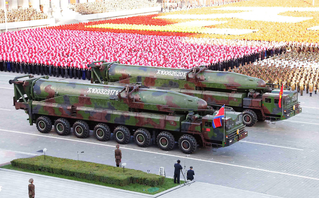 epa04974362 A picture released by the North Korean Central News Agency (KCNA) on 12 October 2015 shows large missiles, believed to be KN-08 intercontinental ballistic missiles, appearing during a large-scale military parade at Pyongyang's Kim Il-sung Square, in Pyongyang, North Korea, 10 October 2015, to mark the 70th anniversary of the founding of the ruling Workers' Party of Korea. EPA/KCNA -- BEST QUALITY AVAILABLE -- SOUTH KOREA OUT