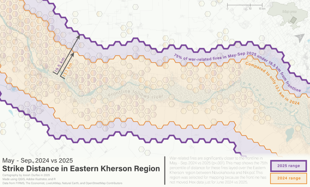 A map titled "Strike Density in Eastern Kherson Region" overlaying the strike distances.